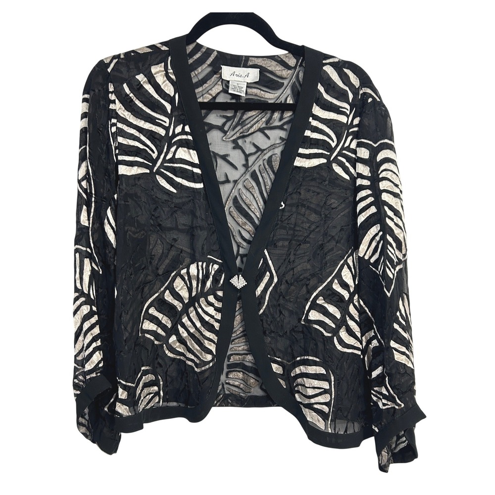 Silk Blend Sheer Devore Leaf Print Evening Jacket Large Black Whimsigoth